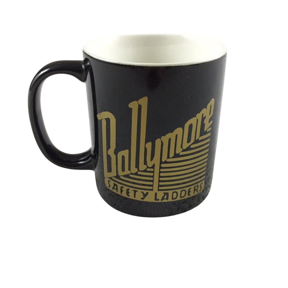 Company Mug Ballymore Safety Ladders Black and Gold Coffee Cup Branding Advert